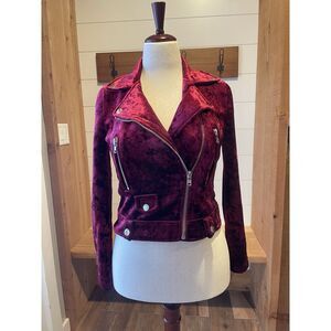 Forever 21 Cranberry Velvet Biker Jacket Sz Sm Zip Front *Missing Belt